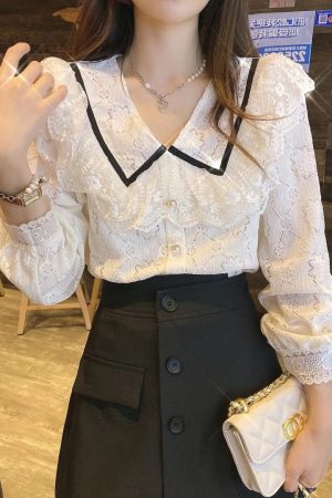 Sweet Ruffled Doll Collar Shirt Top with Elegant Lace Detail - 2025 Spring Fashion Blouse for Effortless Style