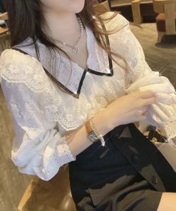 Sweet Ruffled Doll Collar Shirt Top with Elegant Lace Detail - 2025 Spring Fashion Blouse for Effortless Style