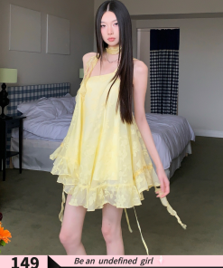 Sweetheart Ruffled Hem Dress in Yellow for Petite - Spaghetti Straps, Fluffy Skirt, Vacation Style, Perfect for Summer Outings