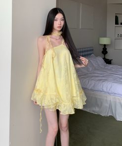 Sweetheart Ruffled Hem Dress in Yellow for Petite - Spaghetti Straps, Fluffy Skirt, Vacation Style, Perfect for Summer Outings