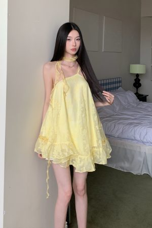 Sweetheart Ruffled Hem Dress in Yellow for Petite - Spaghetti Straps, Fluffy Skirt, Vacation Style, Perfect for Summer Outings
