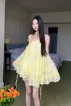 Sweetheart Ruffled Hem Dress in Yellow for Petite - Spaghetti Straps, Fluffy Skirt, Vacation Style, Perfect for Summer Outings
