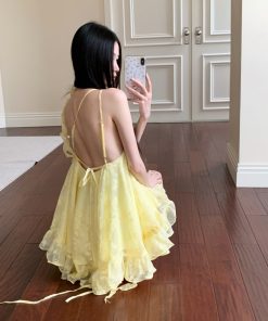 Sweetheart Ruffled Hem Dress in Yellow for Petite - Spaghetti Straps, Fluffy Skirt, Vacation Style, Perfect for Summer Outings