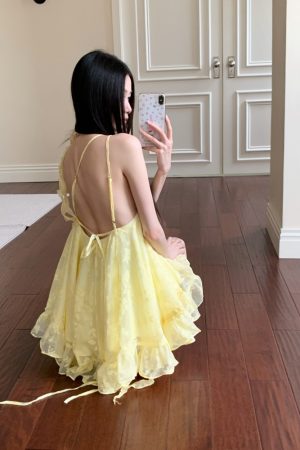 Sweetheart Ruffled Hem Dress in Yellow for Petite - Spaghetti Straps, Fluffy Skirt, Vacation Style, Perfect for Summer Outings