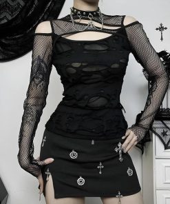 Tailored Button Down Shirt Women, Fit Shirt Outfit - Goth Fishnet Ripped Top