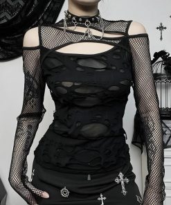 Tailored Button Down Shirt Women, Fit Shirt Outfit - Goth Fishnet Ripped Top