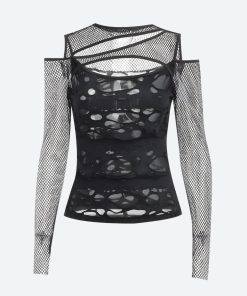 Tailored Button Down Shirt Women, Fit Shirt Outfit - Goth Fishnet Ripped Top