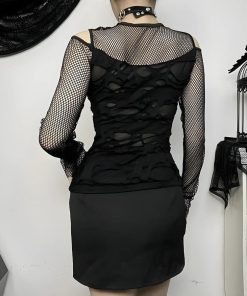 Tailored Button Down Shirt Women, Fit Shirt Outfit - Goth Fishnet Ripped Top
