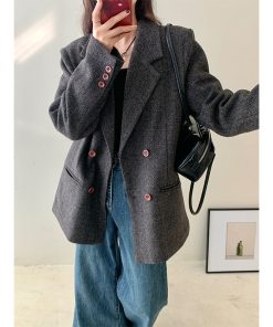 Tailored Herringbone Gray Woolen Suit Jacket for Women - High-End Petite Korean Style for Autumn and Winter