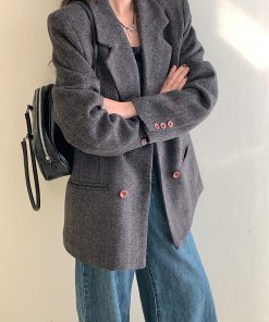 Tailored Herringbone Gray Woolen Suit Jacket for Women - High-End Petite Korean Style for Autumn and Winter
