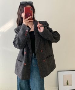 Tailored Herringbone Gray Woolen Suit Jacket for Women - High-End Petite Korean Style for Autumn and Winter