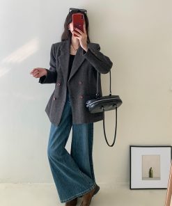 Tailored Herringbone Gray Woolen Suit Jacket for Women - High-End Petite Korean Style for Autumn and Winter