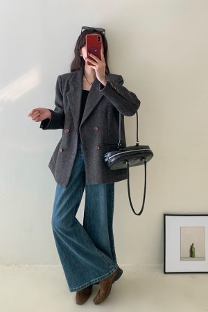 Tailored Herringbone Gray Woolen Suit Jacket for Women - High-End Petite Korean Style for Autumn and Winter