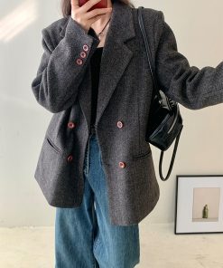 Tailored Herringbone Gray Woolen Suit Jacket for Women - High-End Petite Korean Style for Autumn and Winter