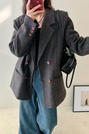 Tailored Herringbone Gray Woolen Suit Jacket for Women - High-End Petite Korean Style for Autumn and Winter