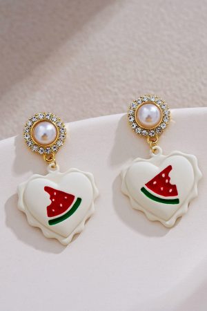 Tea-Colored Lace Heart-Shaped Drop Earrings with Diamonds, Summer Fairy Ear Studs, High-End Style for 2025