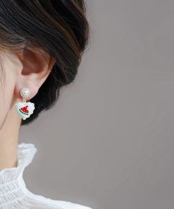 Tea-Colored Lace Heart-Shaped Drop Earrings with Diamonds, Summer Fairy Ear Studs, High-End Style for 2025