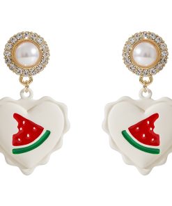 Tea-Colored Lace Heart-Shaped Drop Earrings with Diamonds, Summer Fairy Ear Studs, High-End Style for 2025