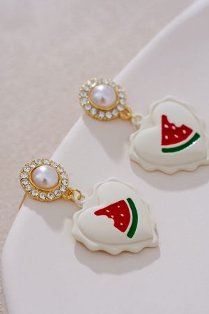 Tea-Colored Lace Heart-Shaped Drop Earrings with Diamonds, Summer Fairy Ear Studs, High-End Style for 2025
