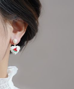 Tea-Colored Lace Heart-Shaped Drop Earrings with Diamonds, Summer Fairy Ear Studs, High-End Style for 2025