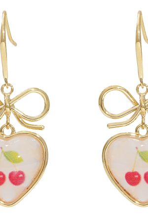 Tea-Themed Cherry Bow Stud Earrings - Unique Heart-Shaped Accessories for 2025, Trendy Niche Jewelry