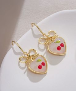 Tea-Themed Cherry Bow Stud Earrings - Unique Heart-Shaped Accessories for 2025, Trendy Niche Jewelry