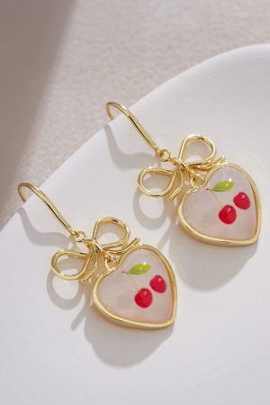 Tea-Themed Cherry Bow Stud Earrings - Unique Heart-Shaped Accessories for 2025, Trendy Niche Jewelry