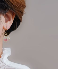 Tea-Themed Cherry Bow Stud Earrings - Unique Heart-Shaped Accessories for 2025, Trendy Niche Jewelry