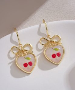 Tea-Themed Cherry Bow Stud Earrings - Unique Heart-Shaped Accessories for 2025, Trendy Niche Jewelry