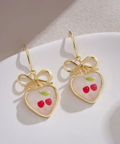 Tea-Themed Cherry Bow Stud Earrings - Unique Heart-Shaped Accessories for 2025, Trendy Niche Jewelry
