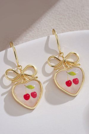 Tea-Themed Cherry Bow Stud Earrings - Unique Heart-Shaped Accessories for 2025, Trendy Niche Jewelry