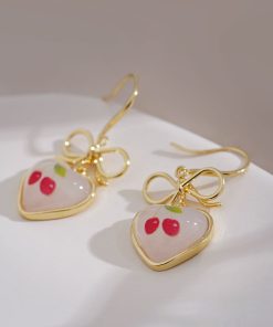 Tea-Themed Cherry Bow Stud Earrings - Unique Heart-Shaped Accessories for 2025, Trendy Niche Jewelry