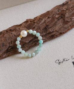 Teal Natural Crystal Stone Ring with Freshwater Pearl – Unique Stacking Ring for Boho, Niche Style Jewelry