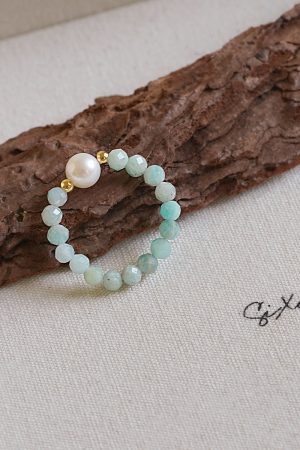 Teal Natural Crystal Stone Ring with Freshwater Pearl â€“ Unique Stacking Ring for Boho, Niche Style Jewelry