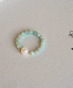 Teal Natural Crystal Stone Ring with Freshwater Pearl â€“ Unique Stacking Ring for Boho, Niche Style Jewelry
