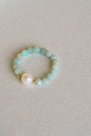Teal Natural Crystal Stone Ring with Freshwater Pearl â€“ Unique Stacking Ring for Boho, Niche Style Jewelry