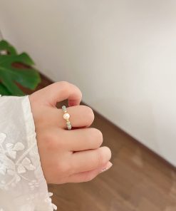 Teal Natural Crystal Stone Ring with Freshwater Pearl – Unique Stacking Ring for Boho, Niche Style Jewelry
