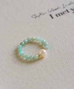 Teal Natural Crystal Stone Ring with Freshwater Pearl â€“ Unique Stacking Ring for Boho, Niche Style Jewelry