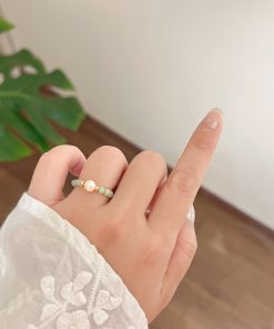 Teal Natural Crystal Stone Ring with Freshwater Pearl – Unique Stacking Ring for Boho, Niche Style Jewelry