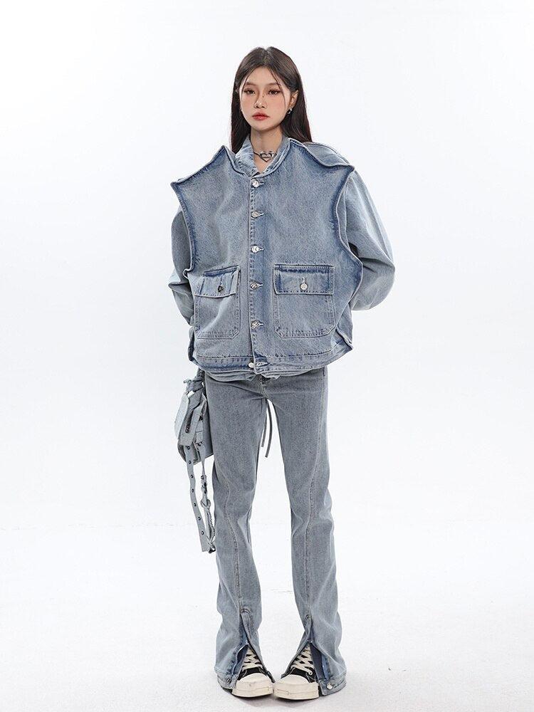 Teenage Style, Fashion Streetwear - Asymmetric Design Denim Jacket Teenage Style, Fashion Streetwear - Asymmetric Design Denim Jacket