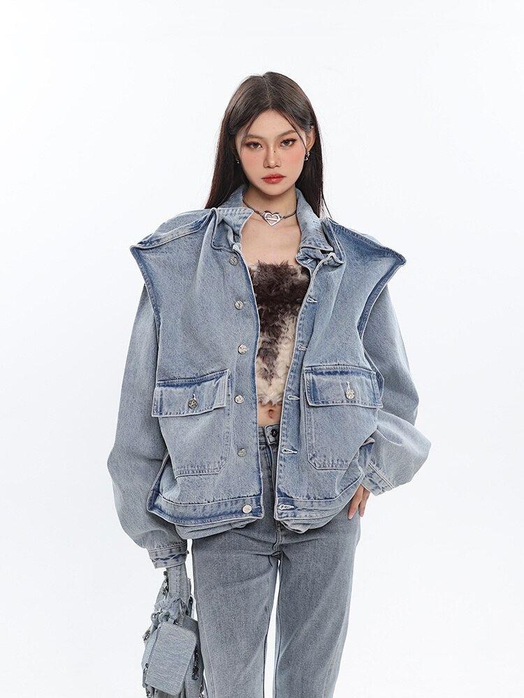 Teenage Style, Fashion Streetwear - Asymmetric Design Denim Jacket Teenage Style, Fashion Streetwear - Asymmetric Design Denim Jacket