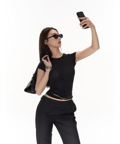 Tencel Wool Sheer Pleated Slim Fit T-Shirt with Slimming Flared Casual Long Pants - Stylish 90s-Inspired Outfit