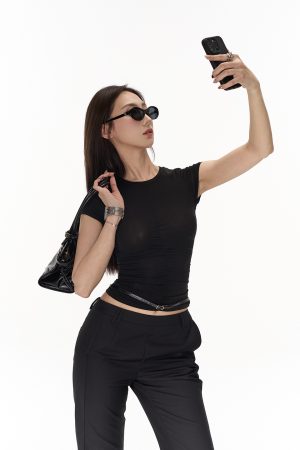 Tencel Wool Sheer Pleated Slim Fit T-Shirt with Slimming Flared Casual Long Pants - Stylish 90s-Inspired Outfit