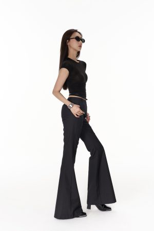Tencel Wool Sheer Pleated Slim Fit T-Shirt with Slimming Flared Casual Long Pants - Stylish 90s-Inspired Outfit