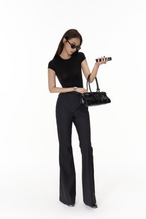 Tencel Wool Sheer Pleated Slim Fit T-Shirt with Slimming Flared Casual Long Pants - Stylish 90s-Inspired Outfit