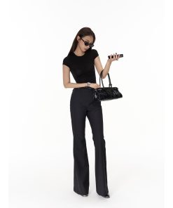Tencel Wool Sheer Pleated Slim Fit T-Shirt with Slimming Flared Casual Long Pants - Stylish 90s-Inspired Outfit