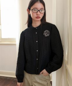 Textured French Style Short Shirt with Small Stand Collar and Fitted Waist - Chic Casual Top for Effortless Elegance