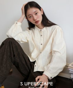 Textured French Style Short Shirt with Small Stand Collar and Fitted Waist - Chic Casual Top for Effortless Elegance
