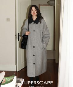 Textured Gray Velvet Lapel Color-Blocked Coat with Herringbone Design - Stylish Windbreaker for 90s and Y2K Fashion Enthusiasts