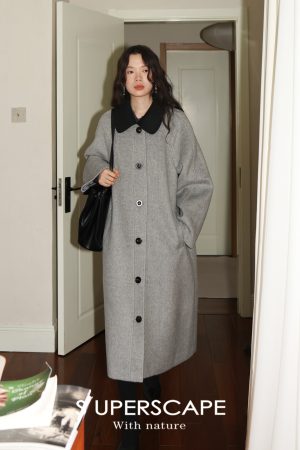 Textured Gray Velvet Lapel Color-Blocked Coat with Herringbone Design - Stylish Windbreaker for 90s and Y2K Fashion Enthusiasts